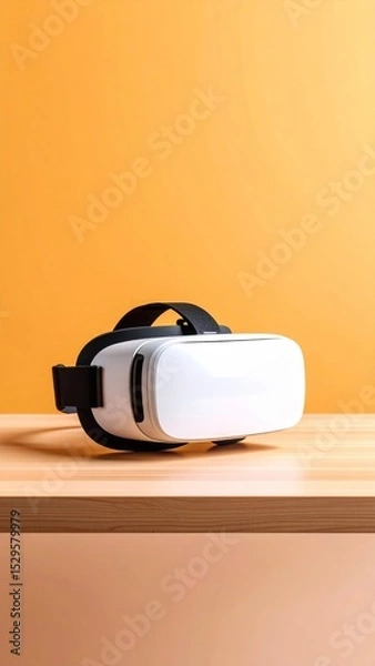 Obraz White Virtual Reality Headset on Wooden Table Against Orange Background