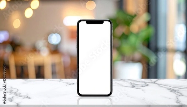 Obraz Blank Smartphone Screen on Marble Table in Cafe