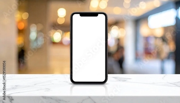 Obraz Black Smartphone with Blank Screen on Marble Surface