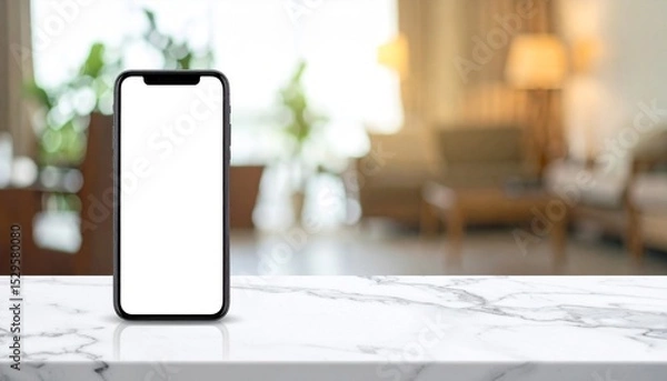 Obraz Smartphone Mockup on Marble Surface in Modern Living Room