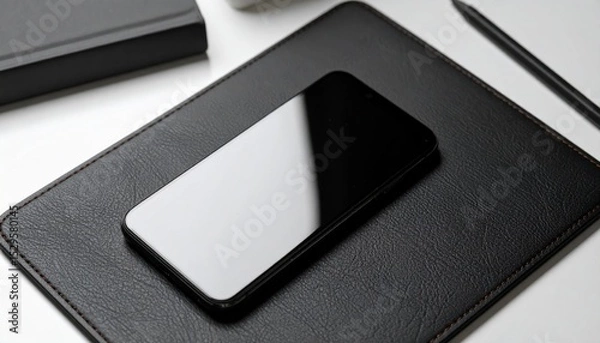 Obraz Black Smartphone on a Black Leather Desk Pad