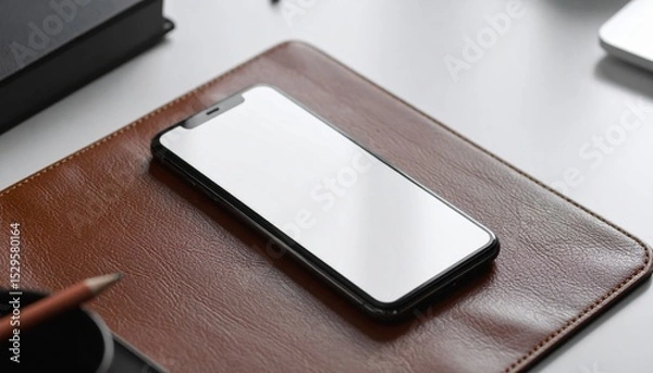 Obraz Black Smartphone on Brown Leather Desk Mat