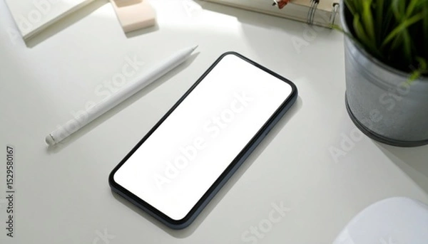 Obraz White Smartphone Mockup on Desk with Plant