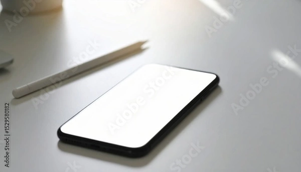 Obraz Blank Smartphone Screen on White Desk with Stylus