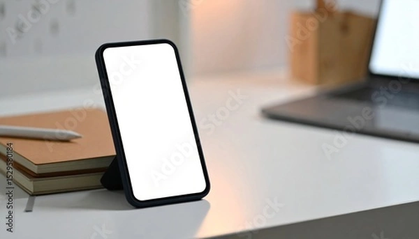 Obraz Blank Smartphone Screen Mockup On White Desk