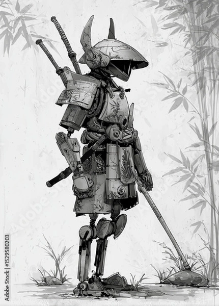 Fototapeta Robot wears old samurai armor and holds a long sword. It stands still near bamboo plants.