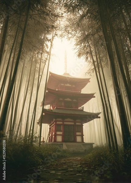 Fototapeta Japanese pagoda is standing in a misty bamboo forest. Soft light filters through the tall trees.