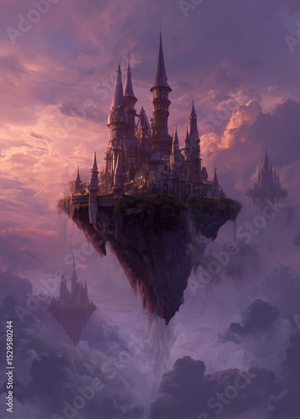 Fototapeta Castle is floating on a rocky island in the sky. Clouds surround the towers at sunset.