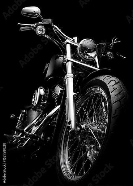 Fototapeta Shiny black motorcycle stands in the dark. Chrome parts reflect the light strongly.