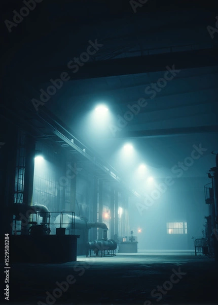 Fototapeta Empty factory is filled with cold blue light. Machines stand quietly in the shadows.