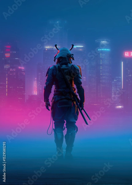 Fototapeta Futuristic warrior is standing in front of neon city. He is holding two swords.