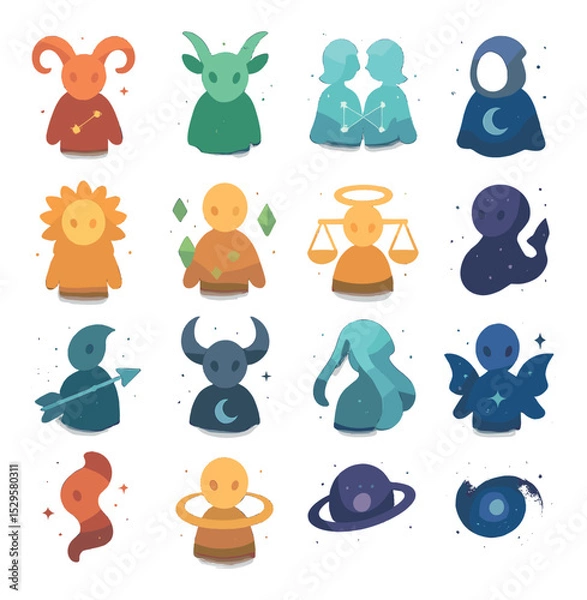 Obraz Zodiac characters as celestial spirits isometric set. Aries red starlight, Taurus glowing green aura, Gemini mirrored constellation, Cancer moonbeam cloak.