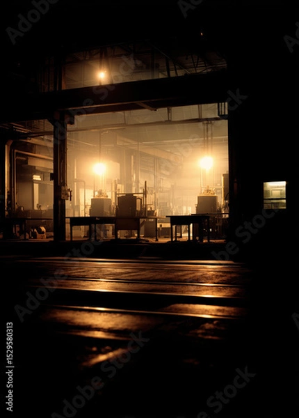 Fototapeta Empty factory is lit by warm lights. Machines and tables are standing in the shadows.