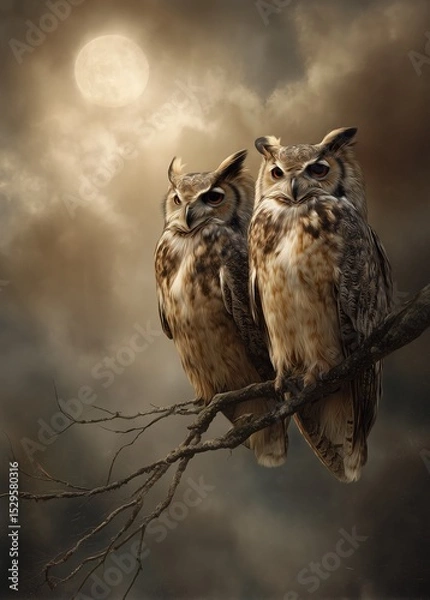 Fototapeta Two owls sit close together on a tree branch. A full moon shines behind them in the cloudy night sky.