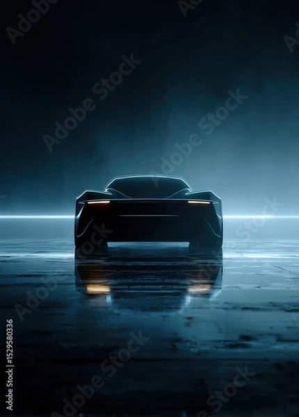 Fototapeta Futuristic car is parked in the dark. Blue lights reflect on the wet floor.