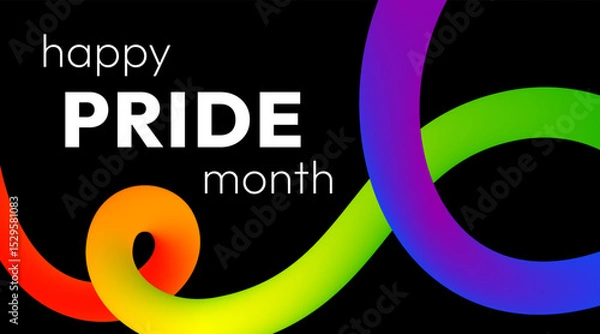 Fototapeta Happy Pride Month. Vibrant abstract banner with smooth 3D ribbon in rainbow colors and bold text on black background to show support for the LGBTQ+ community during Pride Month.