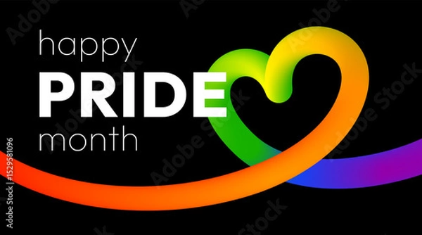 Fototapeta Happy Pride Month. Vibrant abstract banner with smooth 3D ribbon in rainbow colors in the form of heart and bold text on black background to show support for the LGBTQ+ community during Pride Month.