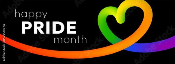 Fototapeta Happy Pride Month. Vibrant abstract banner with smooth 3D ribbon in rainbow colors in the form of heart and bold text on black background to show support for the LGBTQ+ community during Pride Month.