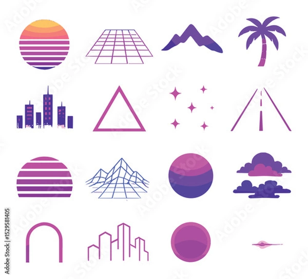 Obraz Synthwave landscape elements isometric set. neon sunset, glowing grid floor, purple mountain silhouette, retro palm tree, synth skyline, glowing triangle
