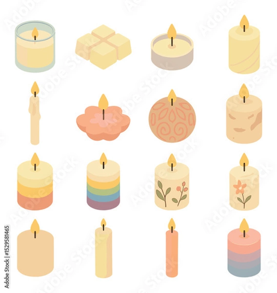 Obraz Types of finished candles isometric set. scented glass candle, wax melt cubes, tea light in tin, pillar candle with swirl, taper candle with drip, floating