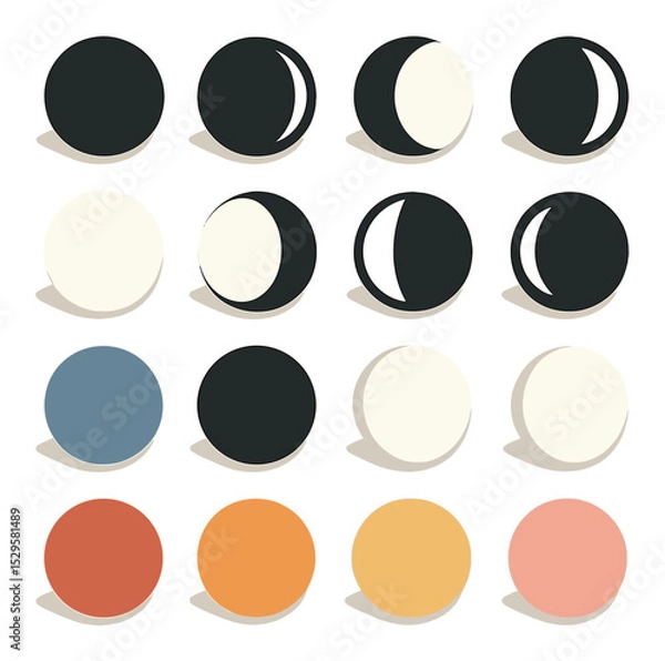 Obraz Lunar calendar phases isometric set. new moon, waxing crescent, first quarter, waxing gibbous, full moon, waning gibbous, last quarter, waning crescent.