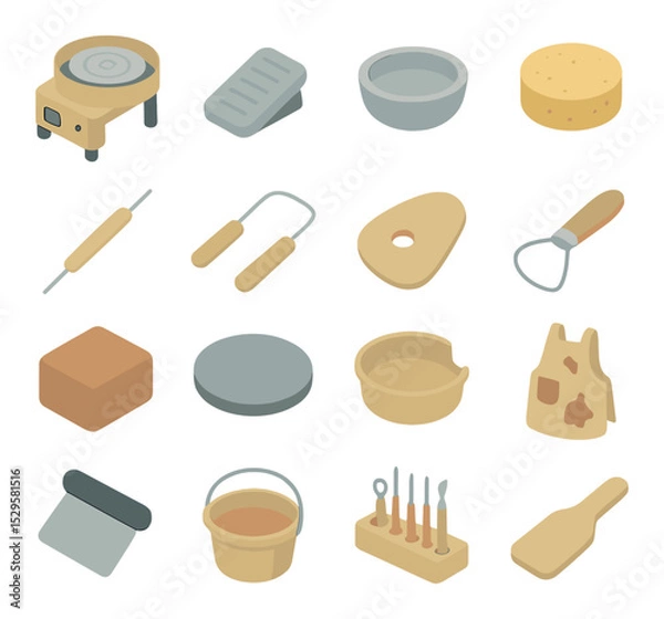 Obraz Pottery wheel tools and equipment isometric set. electric pottery wheel, foot pedal control, water bowl, sponge for smoothing, needle tool, wire clay