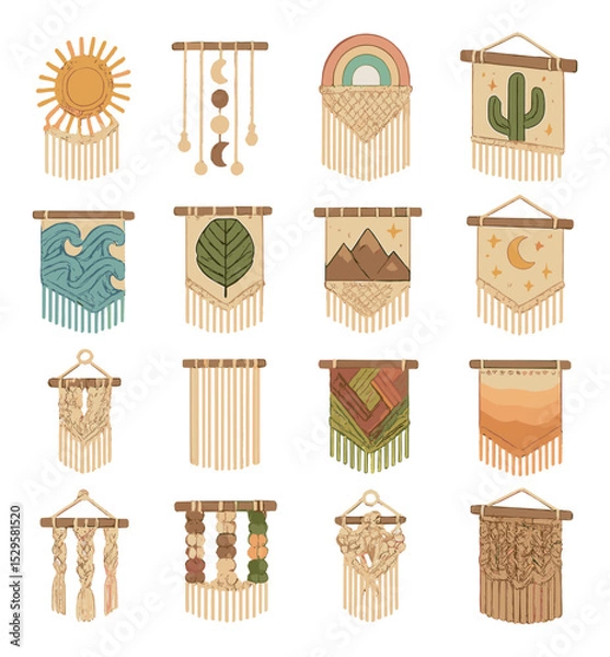 Obraz Themed macramé decor isometric set. boho sunburst panel, lunar phase curtain, rainbow pastel wall piece, desert cactus design, ocean wave knots, forest