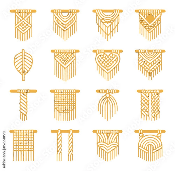 Obraz Macramé wall art patterns isometric set. diamond knot layout, chevron fringe pattern, cascading loops design, triangle focal weave, leaf knot motif, boho