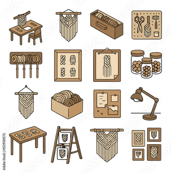Obraz Macramé workspace and display isometric set. crafting desk setup, hanging project in progress, color-sorted cord drawer, pegboard with tools, wall-mounted