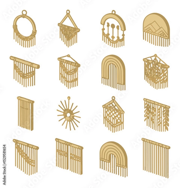 Obraz Macramé wall art shapes isometric set. circular hoop design, triangle hanger layout, moon phase arch, half-circle panel, horizontal driftwood rod.