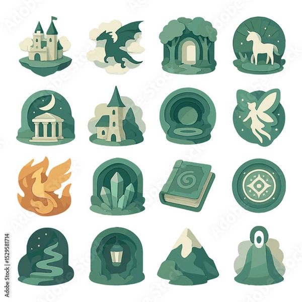 Obraz Fantasy papercut worlds isometric set. castle on floating island, dragon flying through clouds, enchanted forest gate, unicorn in glowing glade, magical