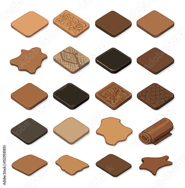 Obraz Leather types and textures isometric set. smooth veg-tan piece, embossed floral pattern, pebbled leather sheet, suede square, dyed full grain hide.