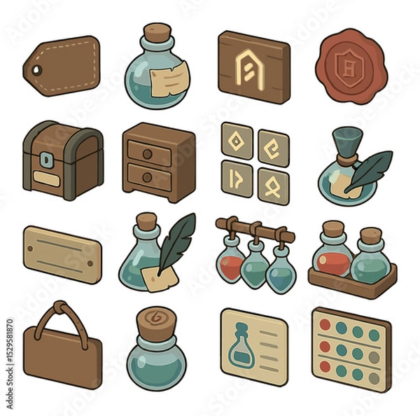 Obraz Potion labeling and storage isometric set. leather-bound label tag, scroll tag on bottle, rune-etched shelf label, cork stamp seal, potion chest box.