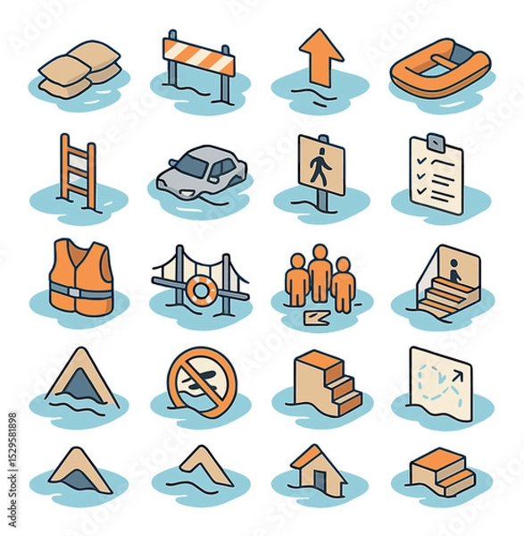 Obraz Flood evacuation and safety isometric set. sandbag barrier, road closure sign, high ground arrow, rescue boat icon, emergency ladder, car submerged symbol.
