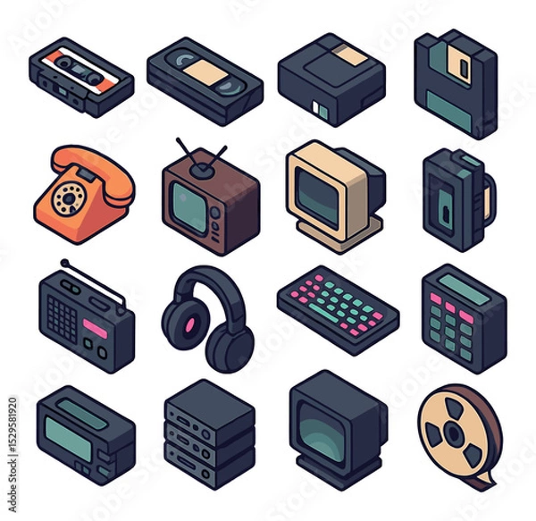 Obraz Retro tech visuals isometric set. cassette tape, VHS tape, floppy disk, boombox speaker, rotary phone, analog TV, tube monitor, walkman clip.