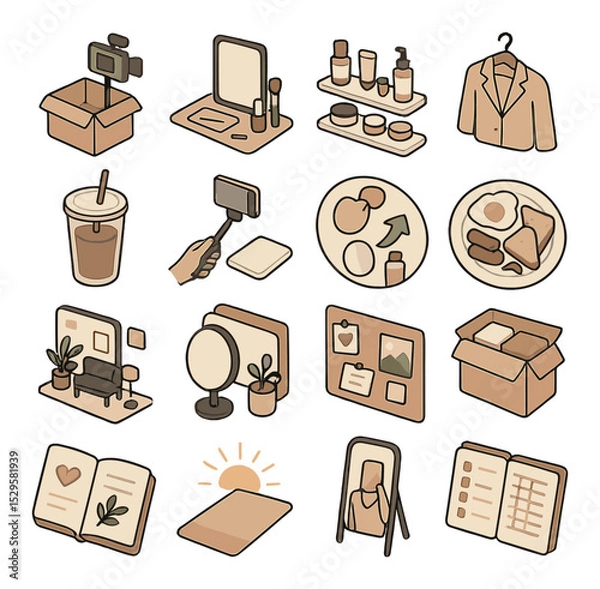 Obraz Influencer lifestyle trends isometric set. unboxing video icon, “get ready with me” setup, skincare shelfie, outfit of the day hanger, iced coffee cup.