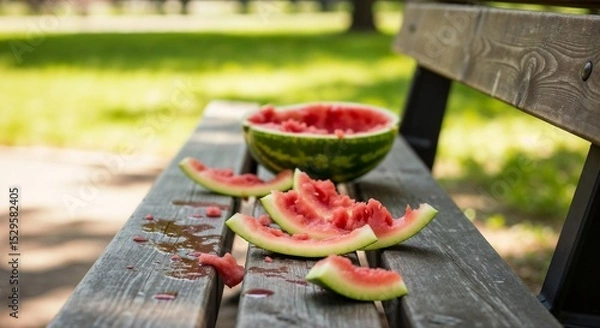 Fototapeta Casual picnic aftermath with watermelon rinds and juice stains on a wooden bench in a sunlit park