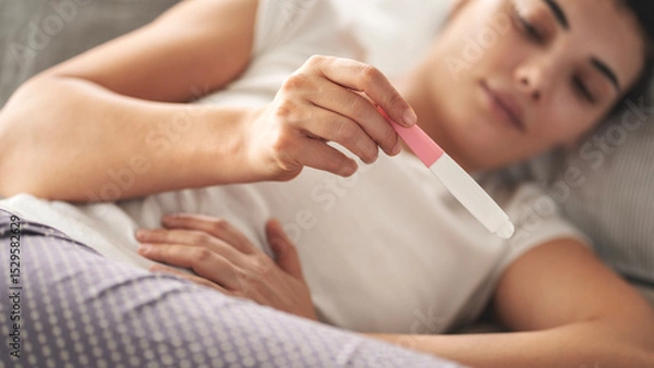 Fototapeta A woman holding a pregnancy test. She is smiling and she is happy about the result