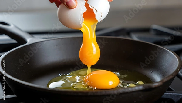 Obraz Egg yolk pouring into cast iron skillet for cooking