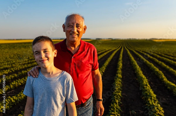 Obraz Portrait of senior farmer with his grandson standing in green soybean field and looking at camera.