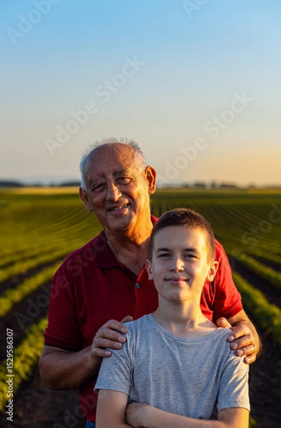 Obraz Portrait of senior farmer with his grandson standing in green soybean field and looking at camera.