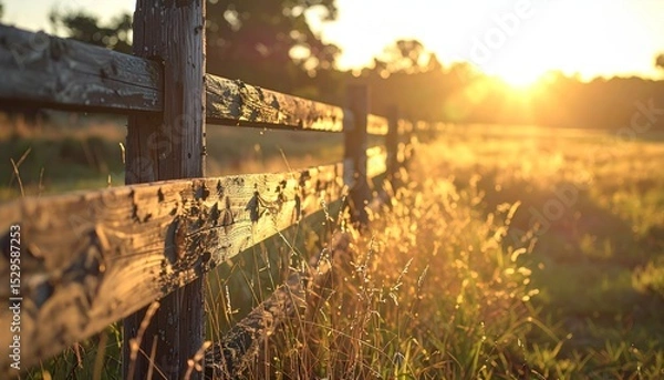 Obraz Rustic wooden fence cuts across golden field under a warm, blurry sunset