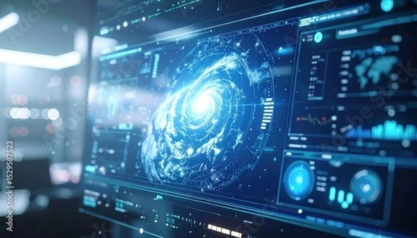 Obraz Glowing screen showing galaxy data with charts and maps in a modern, futuristic setting
