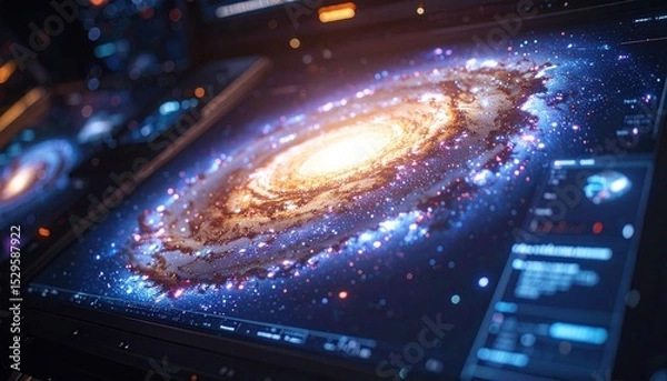 Obraz Glowing galaxy on digital interface with nebulae, stars, & data