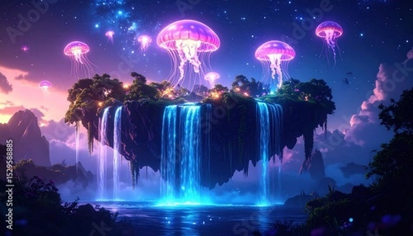 Obraz Glowing jellyfish float above a lush, floating island with waterfalls at twilight