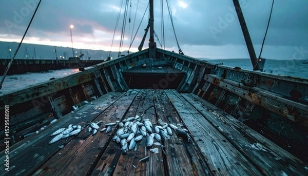 Obraz Fish lie on deck of weathered boat, pier and cloudy sunset backdrop