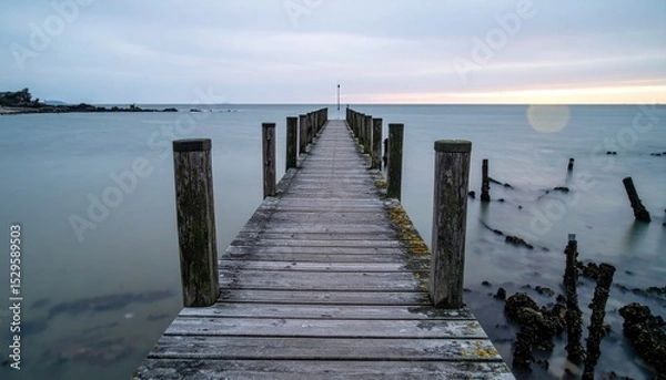 Obraz Long wooden pier stretches into a calm sea under a cloudy, muted sky