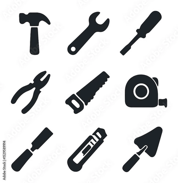 Obraz Construction Tools Icons. Solid, filled icons set of construction hand tools: hammer, wrench, screwdriver,