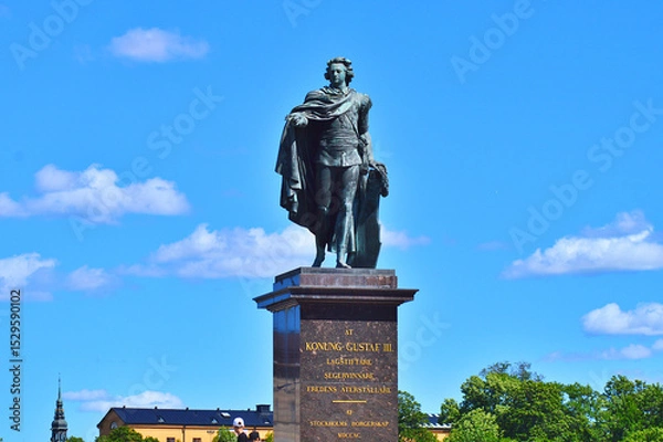Fototapeta Monument of the Swedish king Gustaf III by swedish sculpturer Johan Tobias Sergel, Skeppsbron street