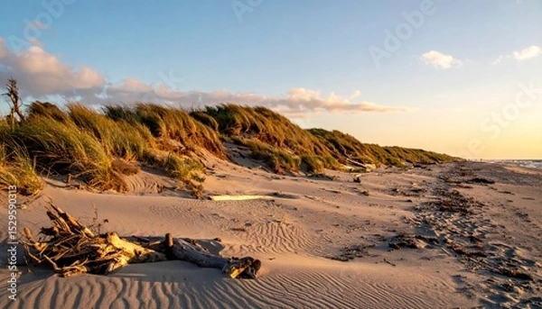 Obraz Sandy dunes covered in grass meet a golden beach under a serene sky